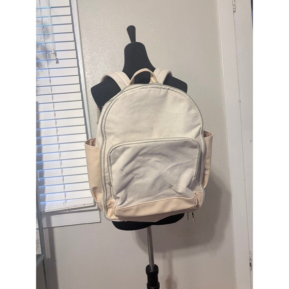 BEIS \'The Backpack\' Carry on travel backpack in beige canvas and leather main image 8